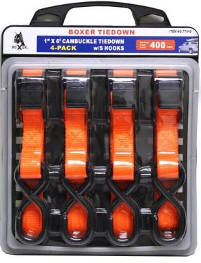 4-Pcs Boxer 1&quot;X6' Cam Buckle Tie Down Strap w/S hooks B/S 1200 LBS WLL 400 LBS