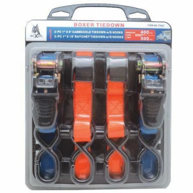 2-Pcs Boxer 1&quot;x15' Ratchet Tie Down Strap w/S hooks & 2 Buckle 1&quot;x6' Tie Down